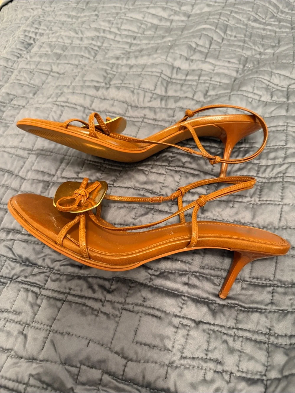Zara Tan Leather Slingback Sandals with Gold Accent - Picture 2 of 4